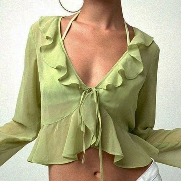 Women’s Long Sleeve Tie Front Cardigan Sheer Mesh Ruffles top - Picture 4 of 12